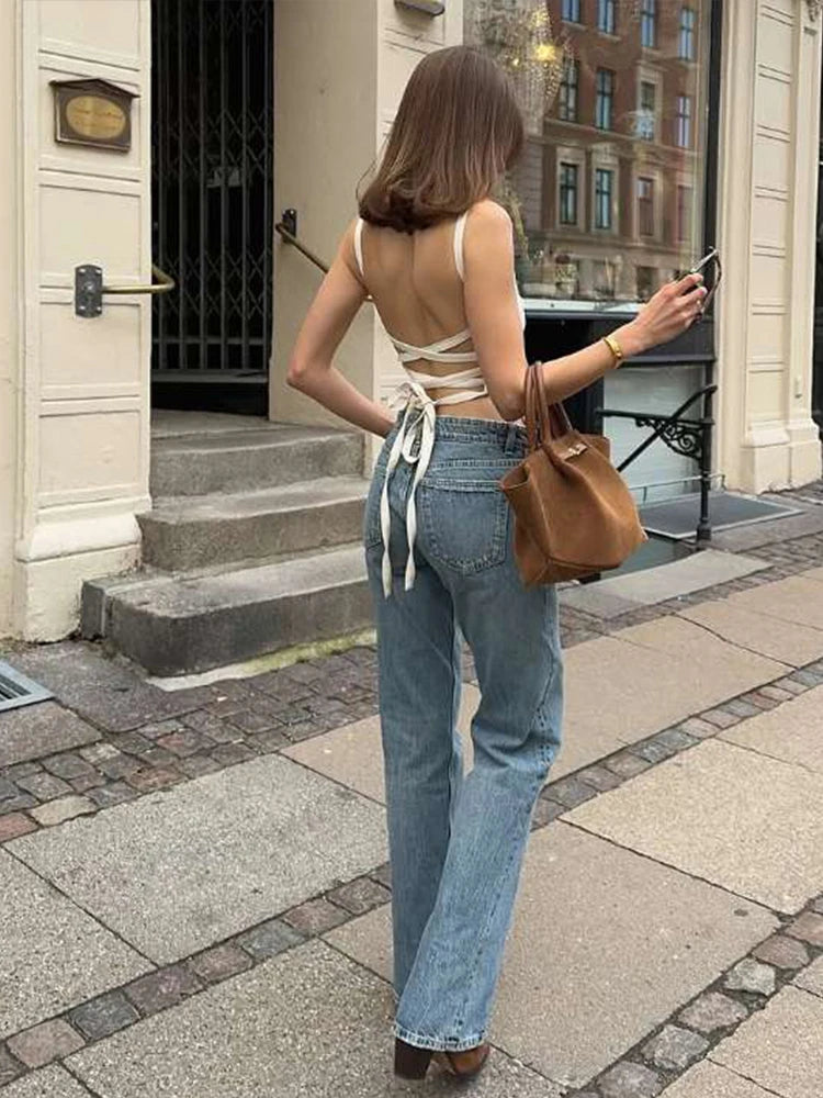 Camisole Square Collar Irregular Hollow Out Lace-Up Street Simple Outfits Mssza