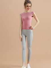 Backless Cut Out Fitted Short Sleeve Yoga T-Shirt Mssza