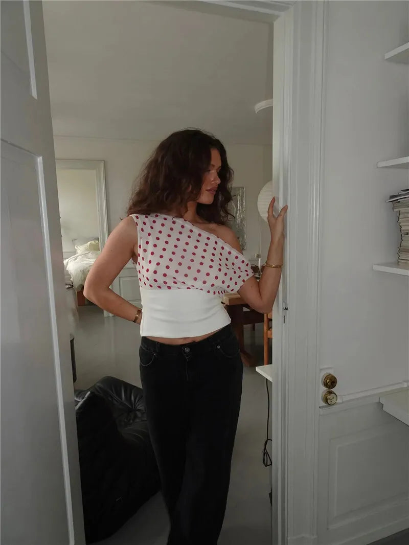 Backless Polka Dot Oblique Shoulder Pullovers Sleeveless Tank Tops Mssza