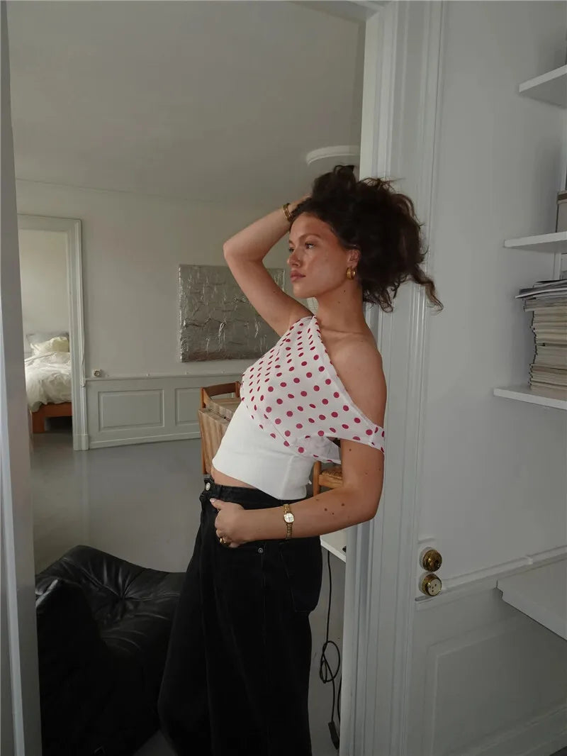 Backless Polka Dot Oblique Shoulder Pullovers Sleeveless Tank Tops Mssza