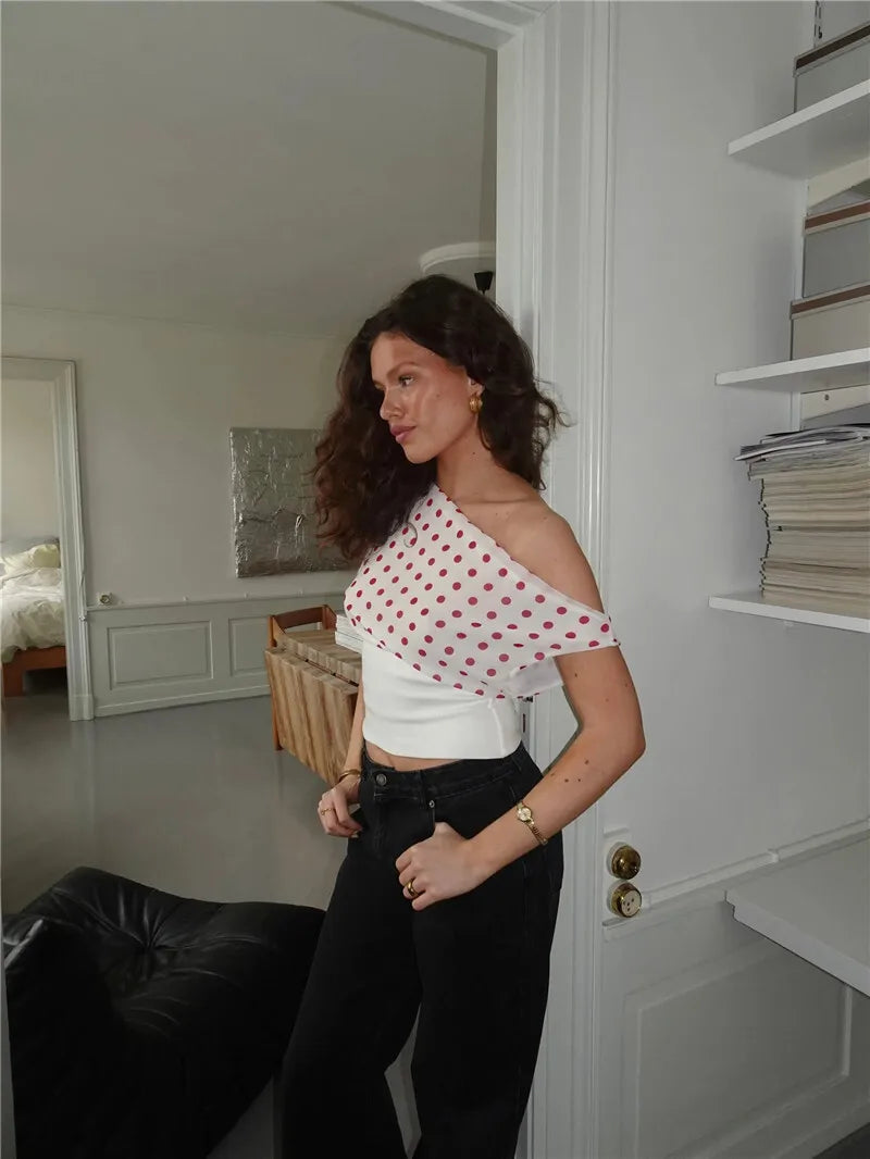 Backless Polka Dot Oblique Shoulder Pullovers Sleeveless Tank Tops Mssza