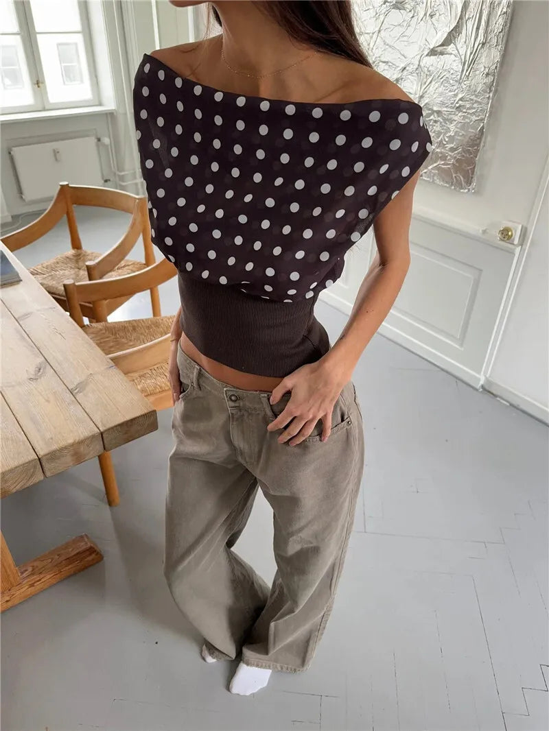 Backless Polka Dot Oblique Shoulder Pullovers Sleeveless Tank Tops Mssza