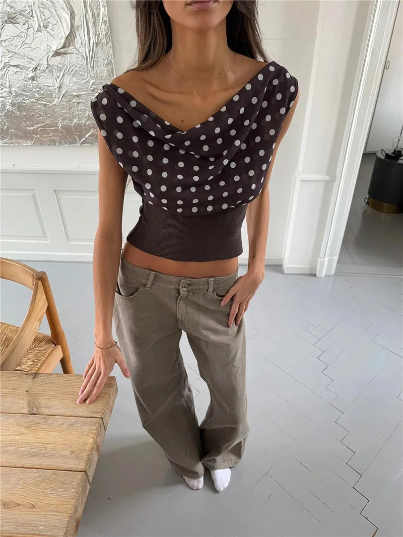 Backless Polka Dot Oblique Shoulder Pullovers Sleeveless Tank Tops Mssza