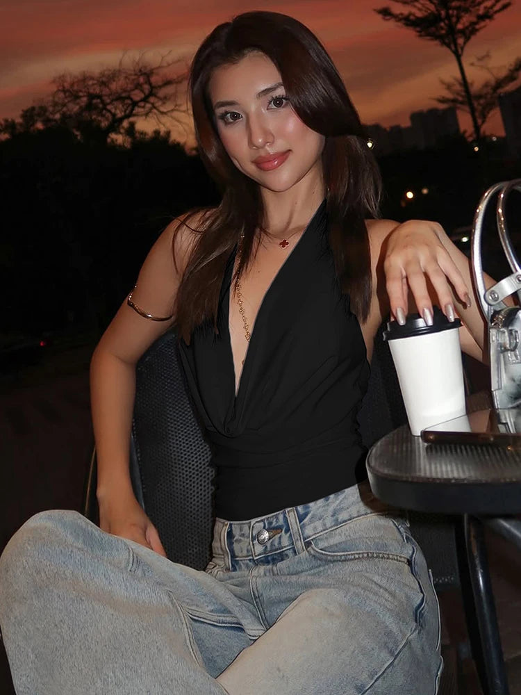 Backless Swing Collar Vests Halter Folds Skinny Street Versatile Daily Temperament Mini Tops Mssza