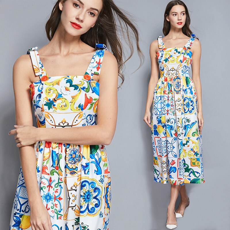 Dress Bow Spaghetti Strap Gorgeous Floral Print Midi Cotton Dress Mssaz Desses