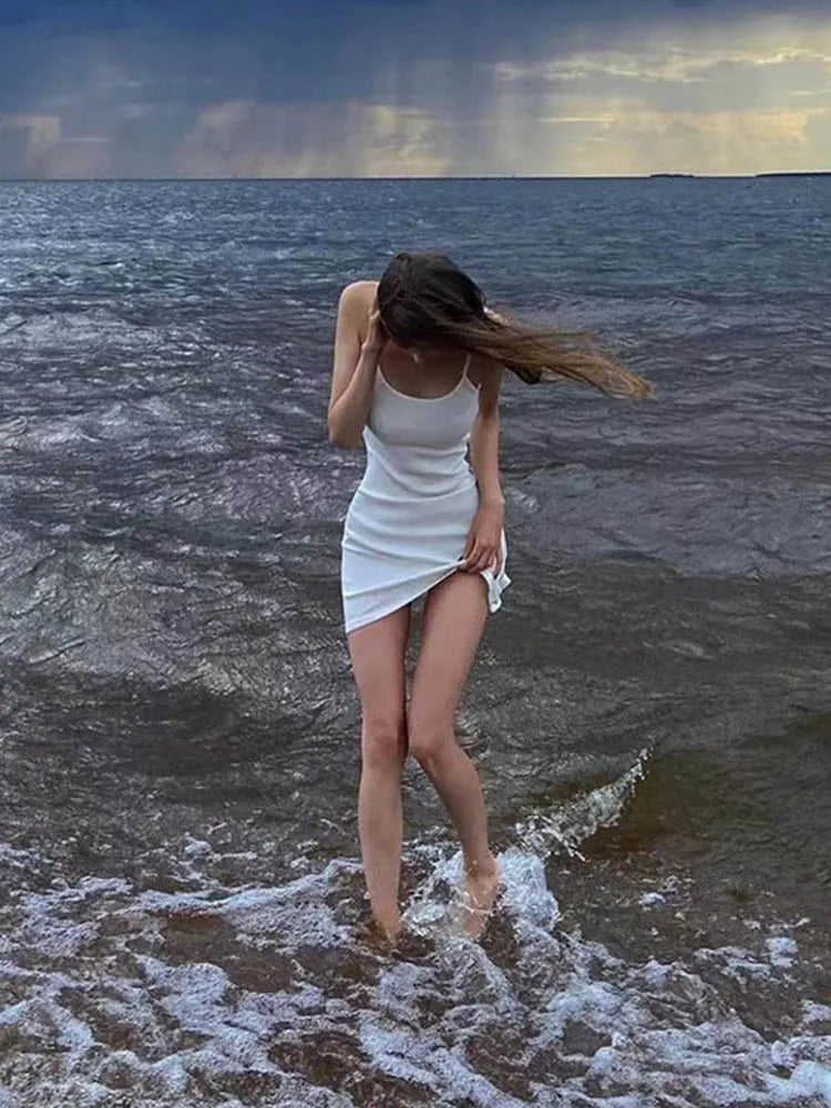 White Spaghetti Strap Sleeveless Aesthetic Beach Wear Mini Dress Mssaz Desses