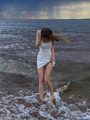 White Spaghetti Strap Sleeveless Aesthetic Beach Wear Mini Dress Mssaz Desses