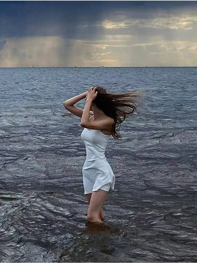 White Spaghetti Strap Sleeveless Aesthetic Beach Wear Mini Dress Mssaz Desses