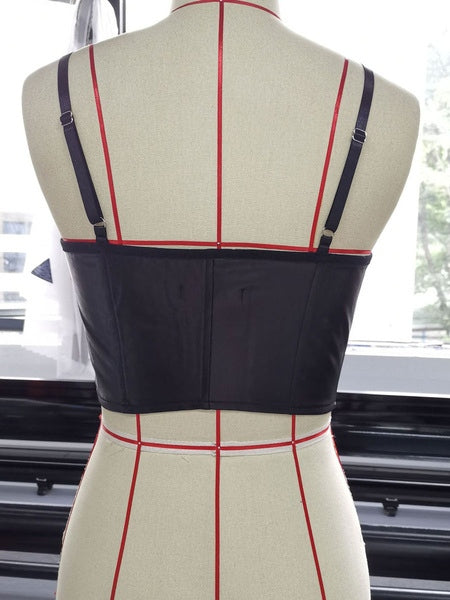 Bateau Neck Buttons PU Leather Backless Retro Vest Cami Top Mssza