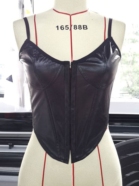 Bateau Neck Buttons PU Leather Backless Retro Vest Cami Top Mssza