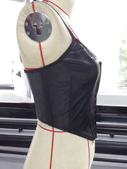 Bateau Neck Buttons PU Leather Backless Retro Vest Cami Top Mssza