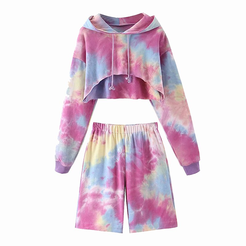 Batwing Sleeve Hooded Crop Tops + Elastic Waist Half Pants Mssza