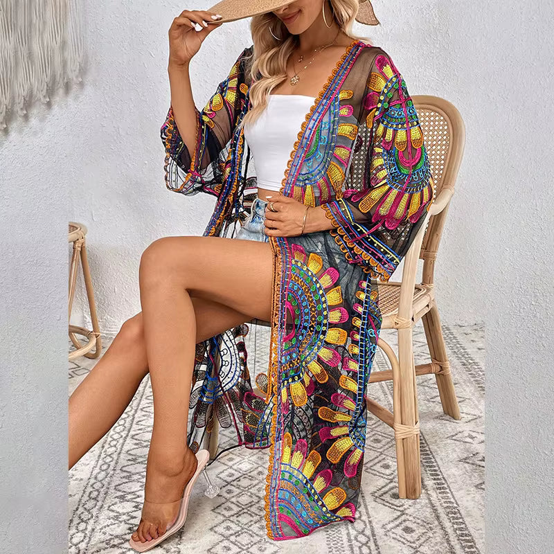 Beach Style Floral Embroidery Bohemian Bikini Kimono Cover-ups Mssza