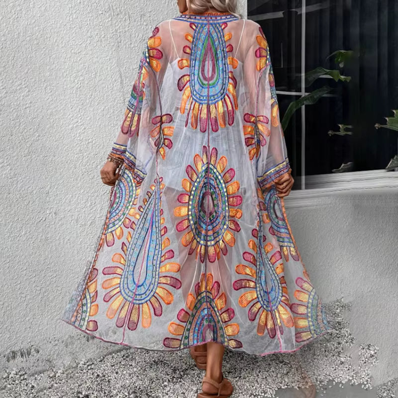 Beach Style Floral Embroidery Bohemian Bikini Kimono Cover-ups Mssza