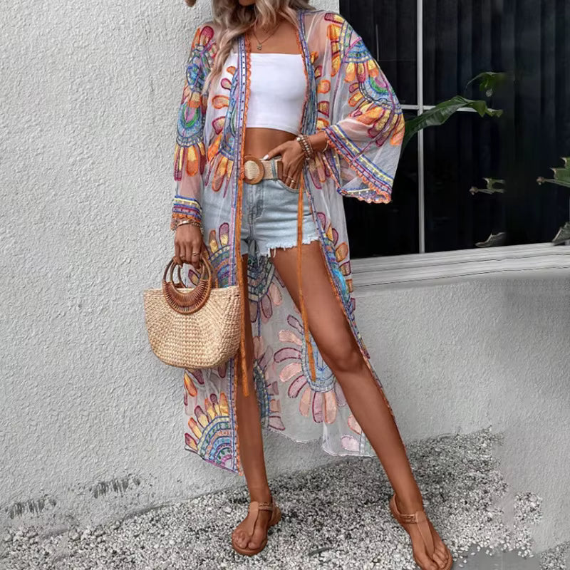Beach Style Floral Embroidery Bohemian Bikini Kimono Cover-ups Mssza