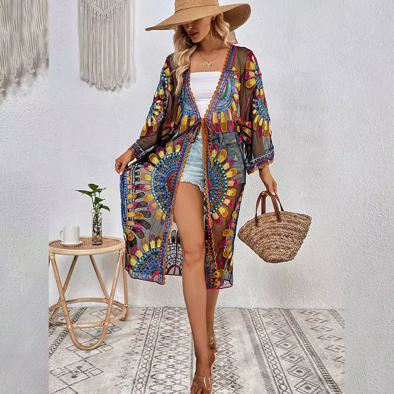 Beach Style Floral Embroidery Bohemian Bikini Kimono Cover-ups Mssza