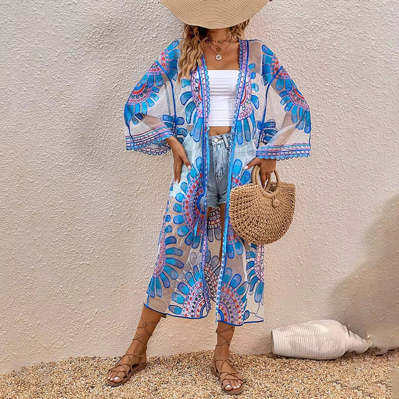 Beach Style Floral Embroidery Bohemian Bikini Kimono Cover-ups Mssza