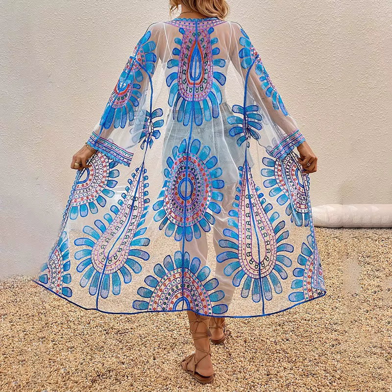 Beach Style Floral Embroidery Bohemian Bikini Kimono Cover-ups Mssza