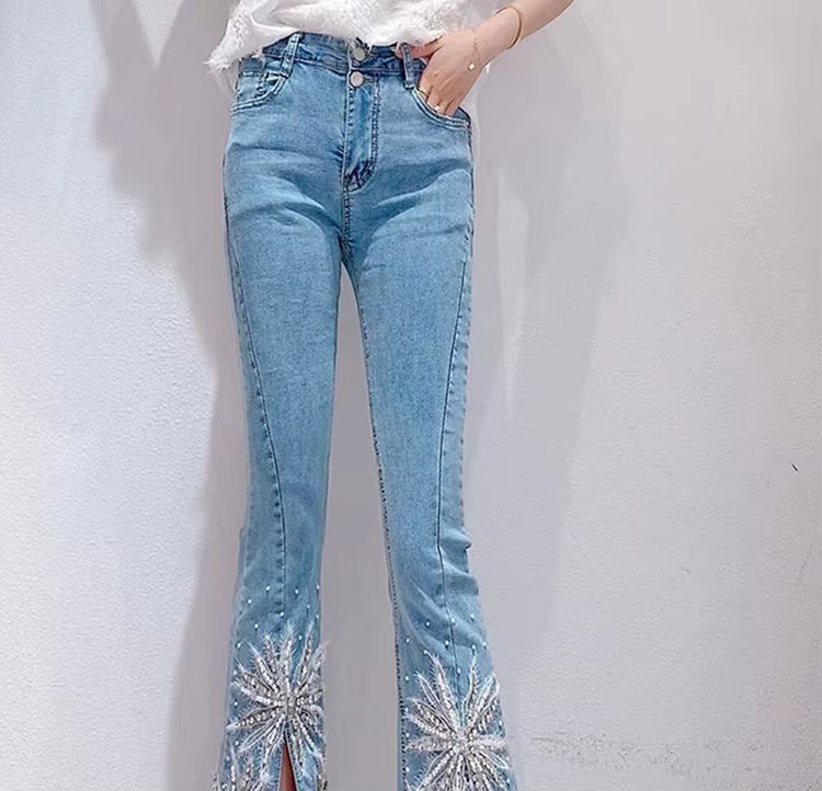 Bead Diamond High Waist Skinny 3d Flower Flared Pants Mssza