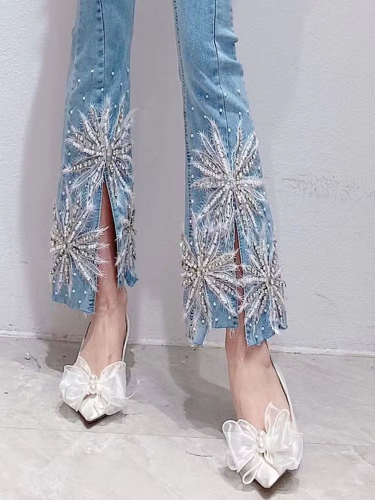 Bead Diamond High Waist Skinny 3d Flower Flared Pants Mssza