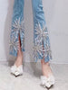 Bead Diamond High Waist Skinny 3d Flower Flared Pants Mssza