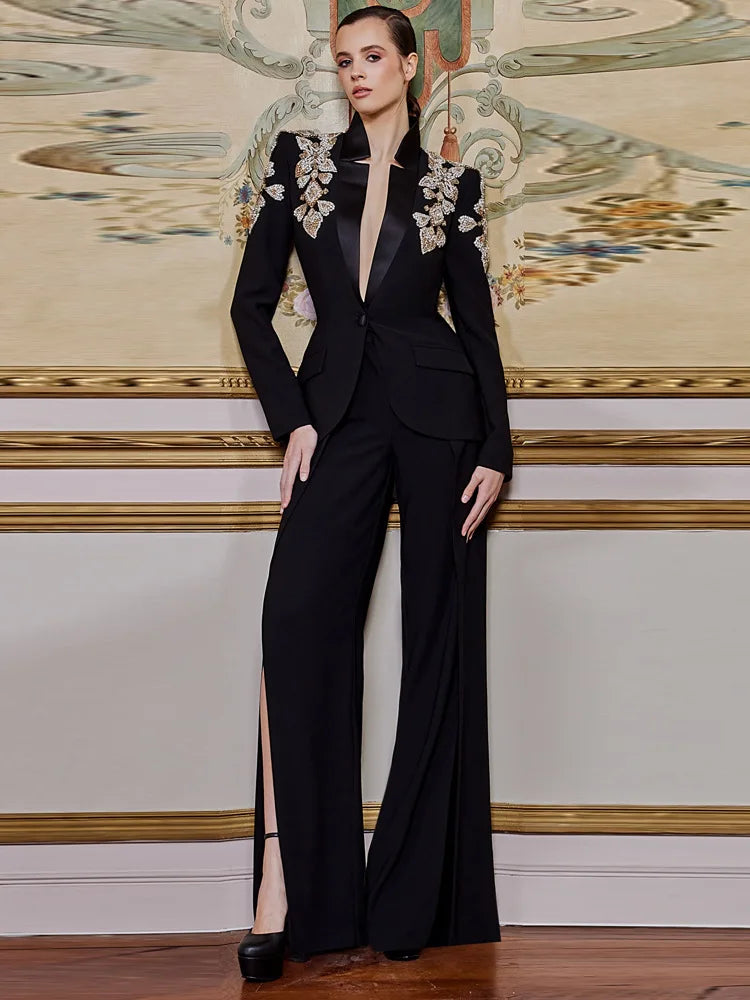 Beaded Diamonds Stand Collar Single Button Blazer Wide-leg Pants Designer Suit Mssza