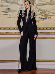 Beaded Diamonds Stand Collar Single Button Blazer Wide-leg Pants Designer Suit Mssza