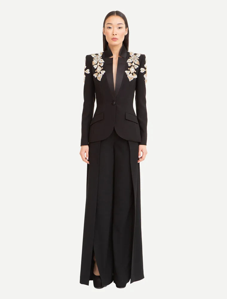Beaded Diamonds Stand Collar Single Button Blazer Wide-leg Pants Designer Suit Mssza