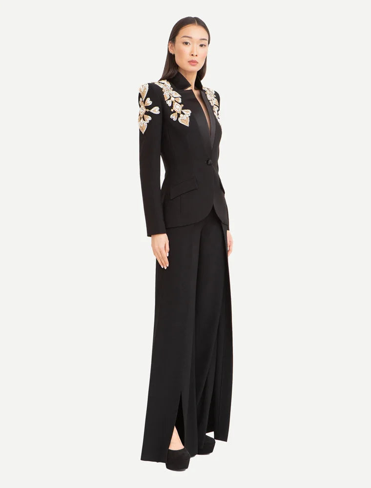 Beaded Diamonds Stand Collar Single Button Blazer Wide-leg Pants Designer Suit Mssza