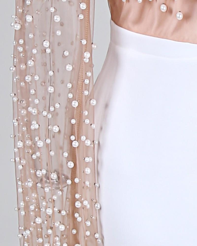 Beaded Embellished Mesh Patchwork Slit Dress Mssaz Desses
