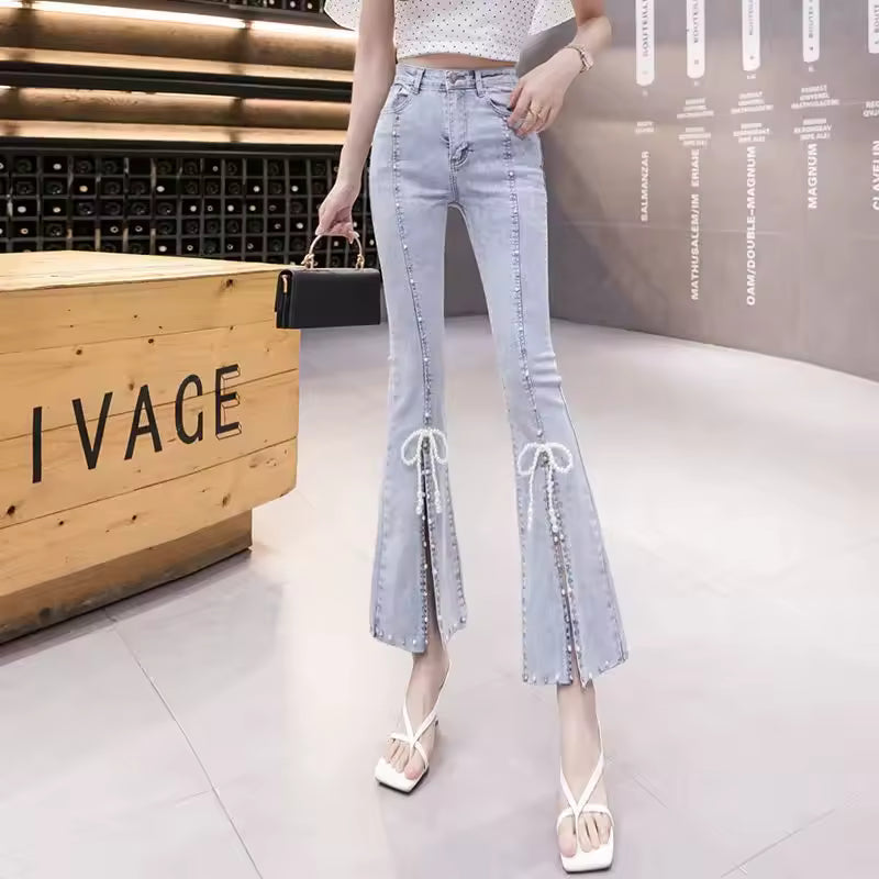Beading High waist Tide Slim Elastic Bell Bottoms Denim Pants Mssza