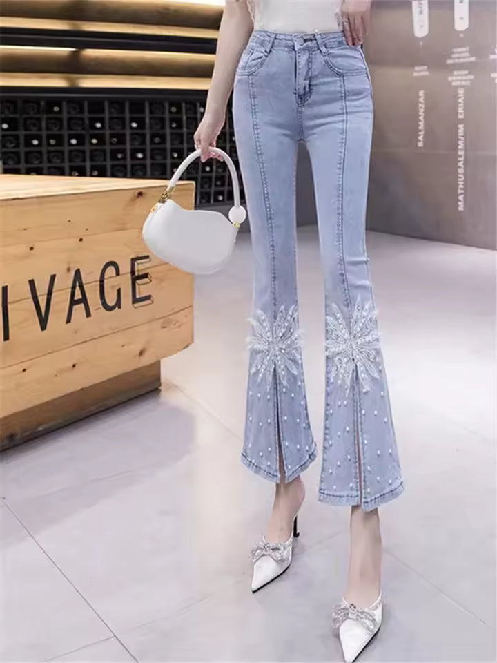 Beading High waist Tide Slim Elastic Bell Bottoms Denim Pants Mssza