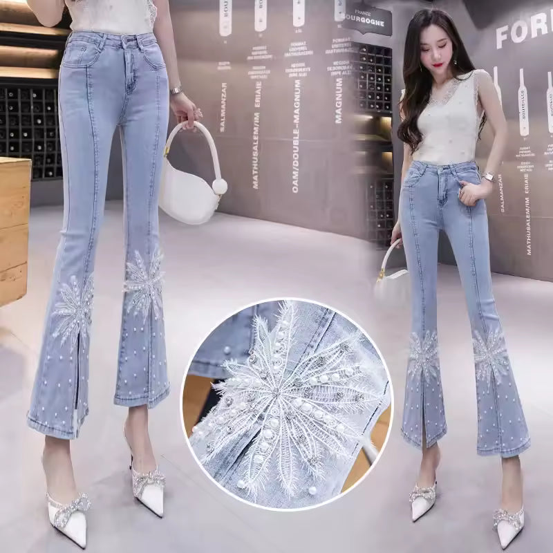 Beading High waist Tide Slim Elastic Bell Bottoms Denim Pants Mssza
