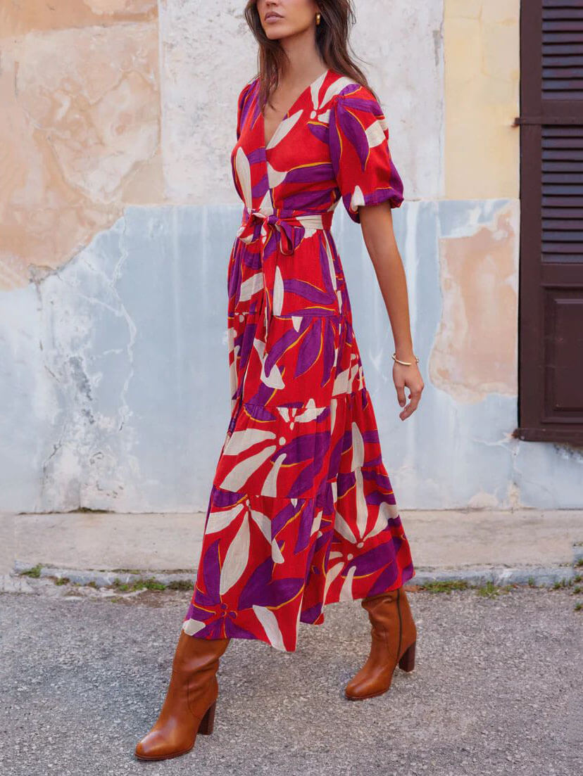 V-Neck Puff Sleeves Slit Printed Maxi Dress Mssaz Desses