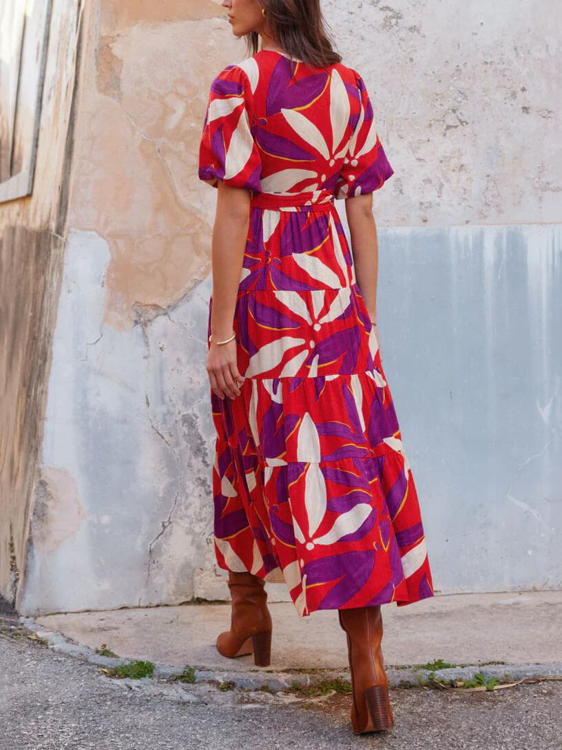 V-Neck Puff Sleeves Slit Printed Maxi Dress Mssaz Desses