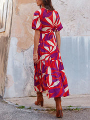 V-Neck Puff Sleeves Slit Printed Maxi Dress Mssaz Desses