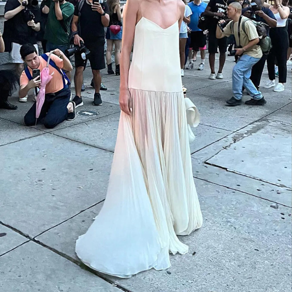 Beige Mesh Patchwork Spaghetti Strap Loose Stylish Maxi Dress Mssaz Desses