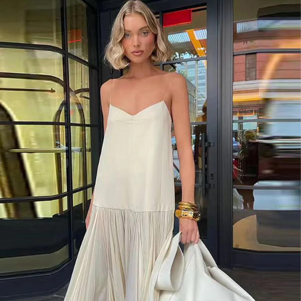 Beige Mesh Patchwork Spaghetti Strap Loose Stylish Maxi Dress Mssaz Desses