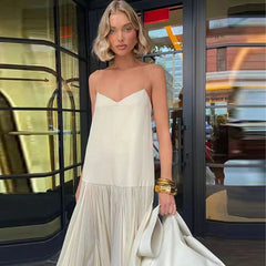 Beige Mesh Patchwork Spaghetti Strap Loose Stylish Maxi Dress Mssaz Desses