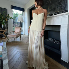 Beige Mesh Patchwork Spaghetti Strap Loose Stylish Maxi Dress Mssaz Desses