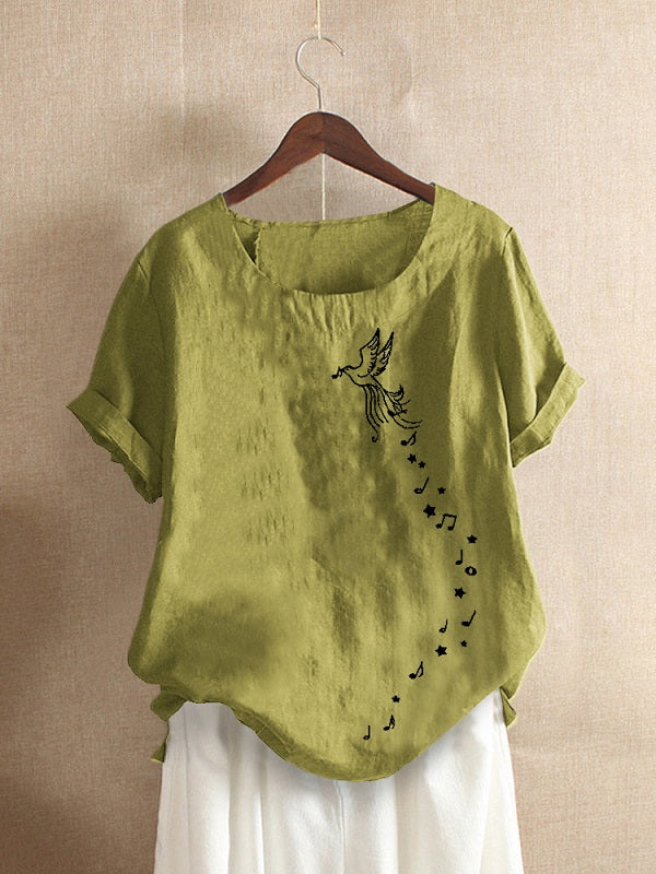 Bird Printed O-neck Short Sleeve Casual T-shirts Mssza