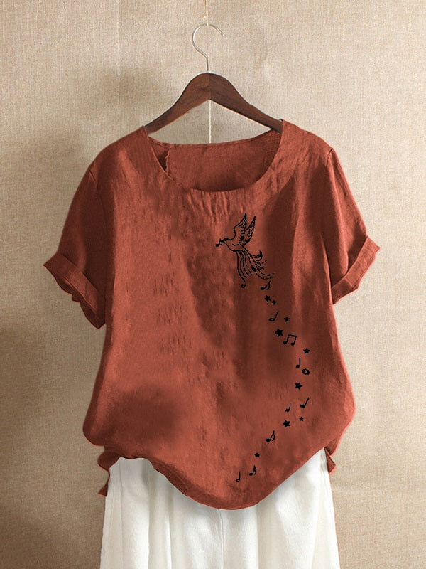 Bird Printed O-neck Short Sleeve Casual T-shirts Mssza