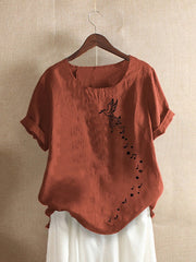 Bird Printed O-neck Short Sleeve Casual T-shirts Mssza