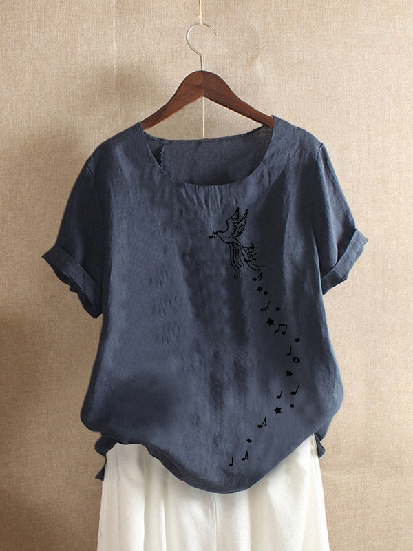 Bird Printed O-neck Short Sleeve Casual T-shirts Mssza