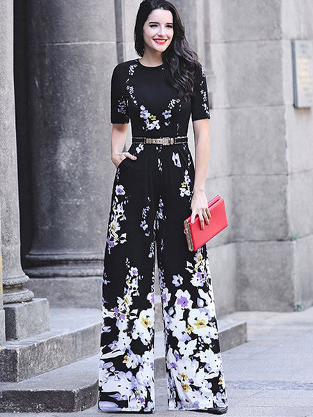 Black Floral Jumpsuit Short Sleeve Wide Leg Jumpsuit Mssza
