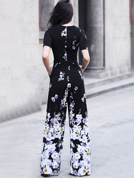 Black Floral Jumpsuit Short Sleeve Wide Leg Jumpsuit Mssza