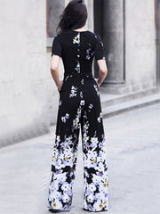 Black Floral Jumpsuit Short Sleeve Wide Leg Jumpsuit Mssza