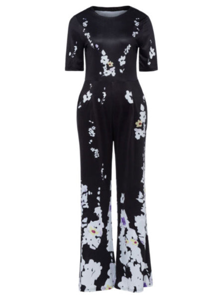 Black Floral Jumpsuit Short Sleeve Wide Leg Jumpsuit Mssza