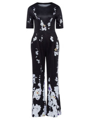 Black Floral Jumpsuit Short Sleeve Wide Leg Jumpsuit Mssza