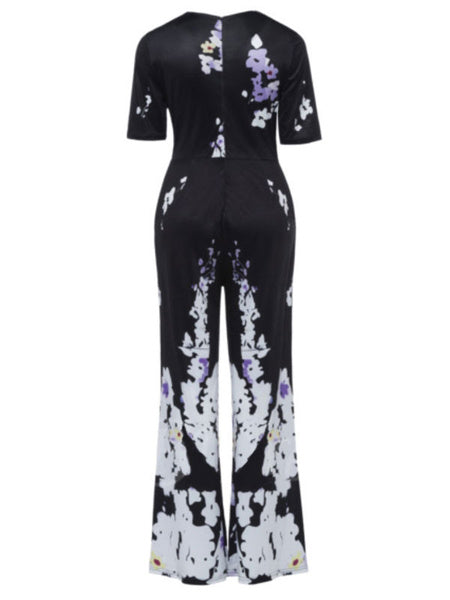 Black Floral Jumpsuit Short Sleeve Wide Leg Jumpsuit Mssza